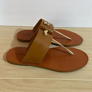 Lucky Brand Slide Thong Flat Sandals Ari Brown Leather White Knot Boho Size 7
